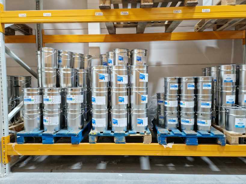 Filled products in various packaging formats in our warehouse